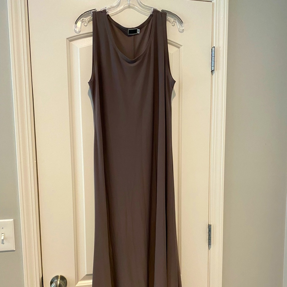 Floor length taupe sleeveless tank dress with wrap